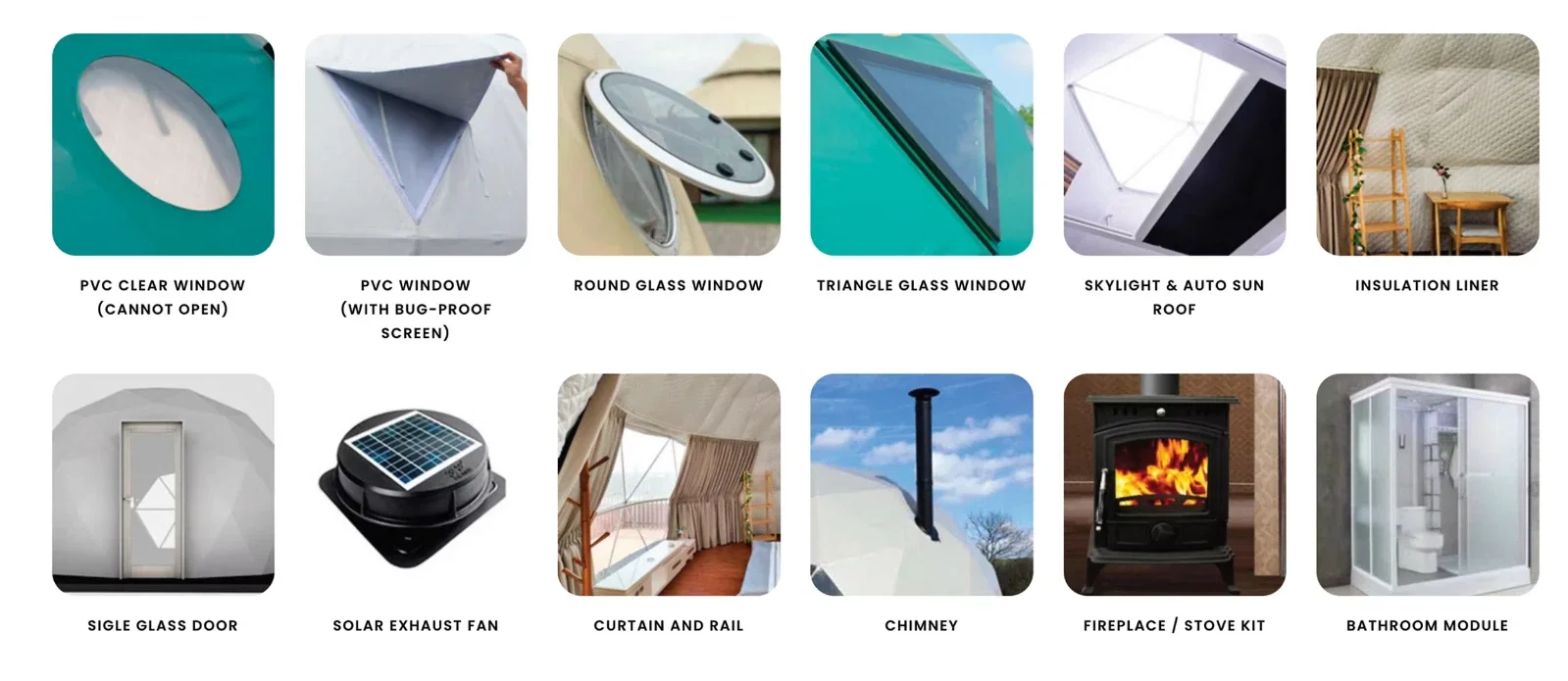 Supplier examples of window styles, door, solar ventilation, curtains, chimney, stove and bathroom module